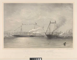 HM State Yacht Victoria & Albert, deixando Gravesend com suas Altezas Reais o Príncipe e a Princesa Frederick William da Prússia, 2 de fevereiro de 1858 Assinado pelo artista em chapa. indisponível